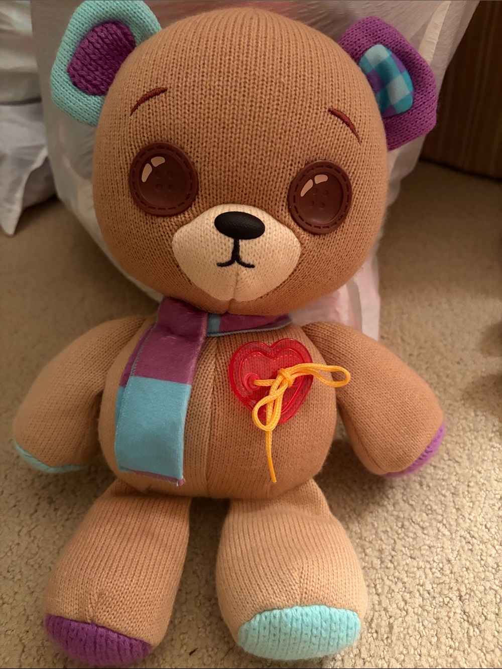Thready Plush Knit Brown Teddy Bear squeeze paw and he come to life